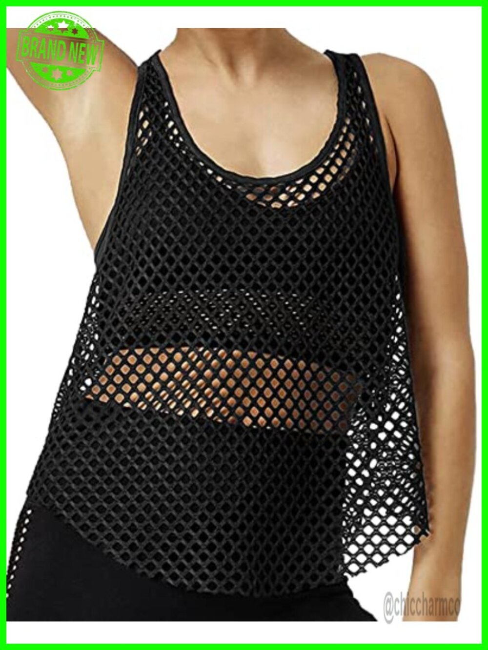 Fishnet Mesh See Through Scoop Neck Sleeveless Tank Top